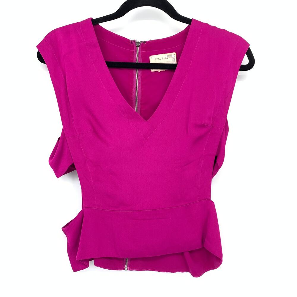 Nicole Miller Artelier V-Neck Side Cut Out Blouse Womens Sz S Hot Pink Back Zip